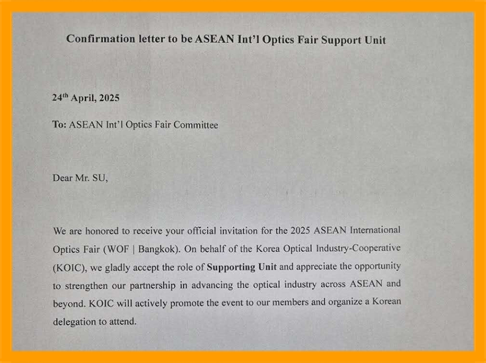 大韩光学产业协会正式回函成为东盟国际眼镜展协办单位！