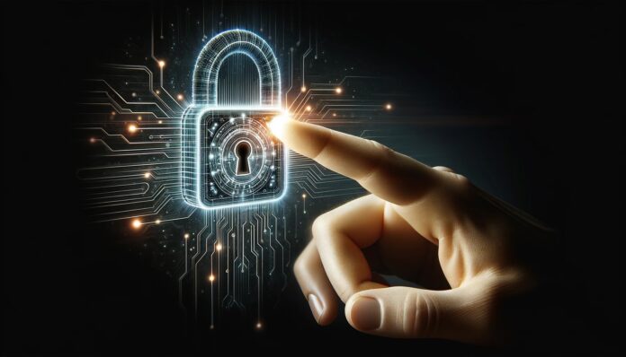 DALLÂ·E-2024-02-23-12.19.47-Create-a-widescreen-photo-realistic-image-depicting-a-human-hand-with-a-finger-pointing-at-a-virtual-glowing-cybersecurity-lock.-The-lock-should-app-696x398.jpg