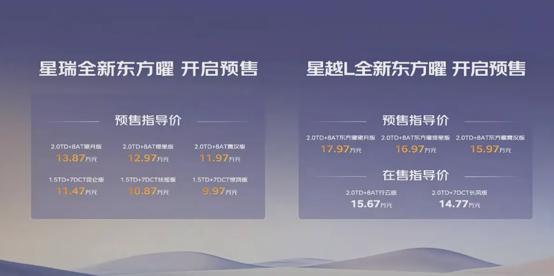 预售9.97万起！新款星瑞东方曜/星越L东方曜将于9月23日上市